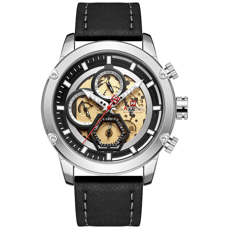 NAVIFORCE мужские s часы лучший бренд класса люкс кварцевые часы мужские кожаные водонепроницаемые наручные часы Мужские часы с календарем Relogio Masculino - Цвет: Silver Black Yellow