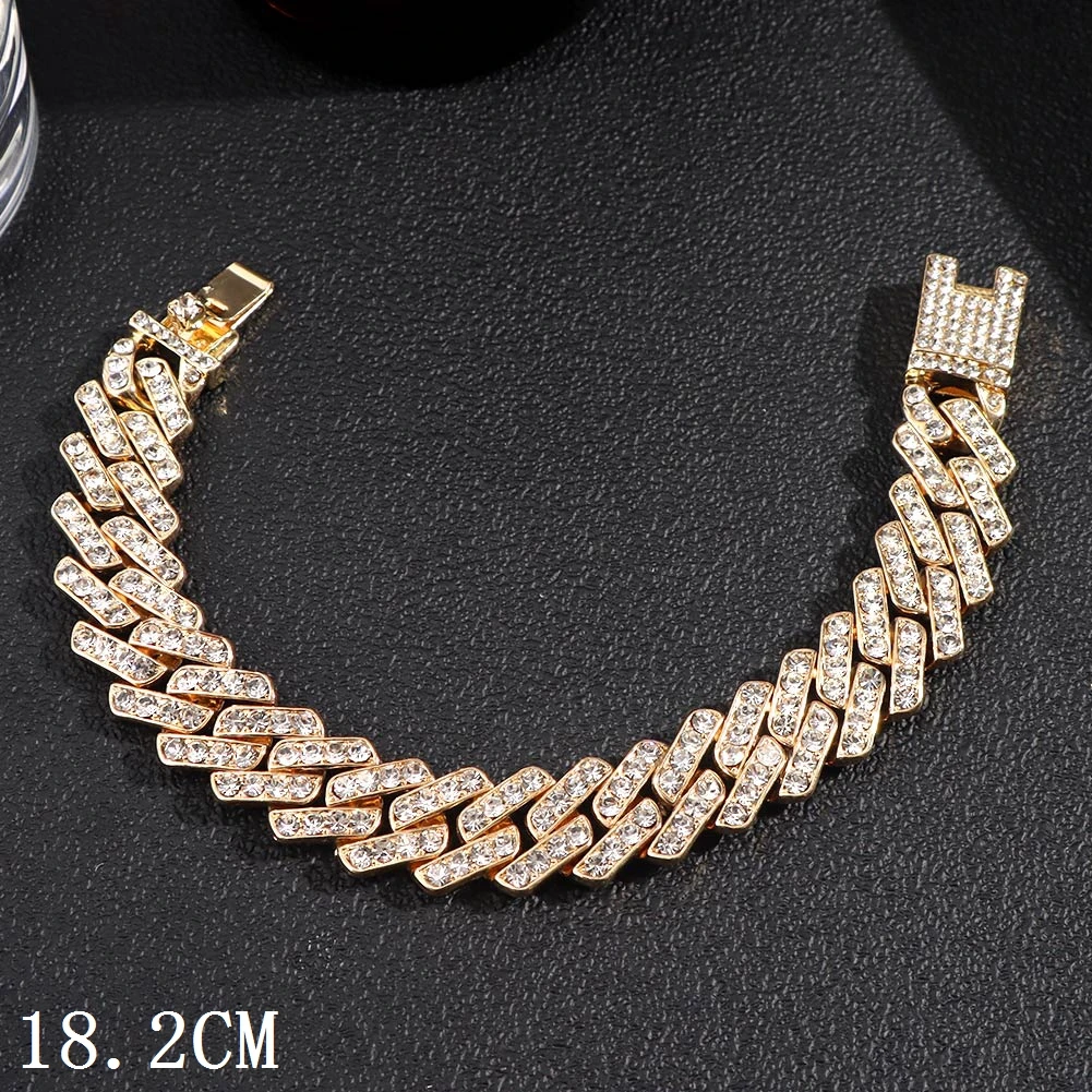New Fashion Luxury 12mm Iced Out Cuban Link Chain Bracelet for Women Men Gold Silver Color Bling Rhinestone Bracelet Jewelry 