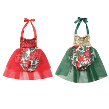 

Baby Girl Kids Tutu Bodysuit Toddler Infant Sleeveless Patchwork Red Green Sequins Princess Party Wedding Flower Tulle Jumpsuit