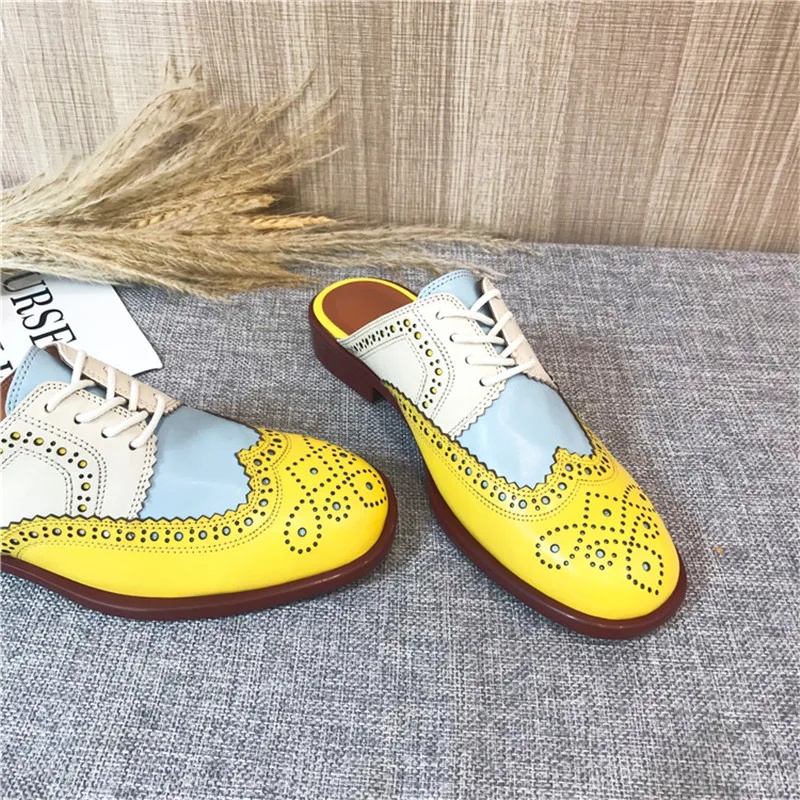 2020 Summer Slides Women's Shoes Carved Round Toe Flats Heel Brogues Mules Shallow Mouth Color Block Oxford Shoes Slippers Women (9)