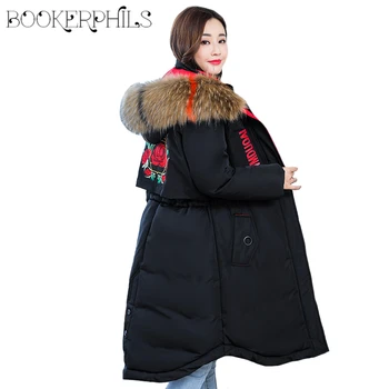 

2020 Winter Jacket Women Coats Plus Size 5XL Big Fur Collar Long Parkas Female Rose Embroidery Thicken Warm Cotton Coat Outwear