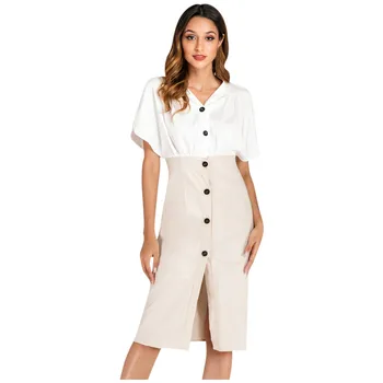 

Formal Dress Women Elegant Sexy V Neck Short Sleeve Color Block Buttons Summer Dress Casual Midi vintage Dress Vestidos 2020