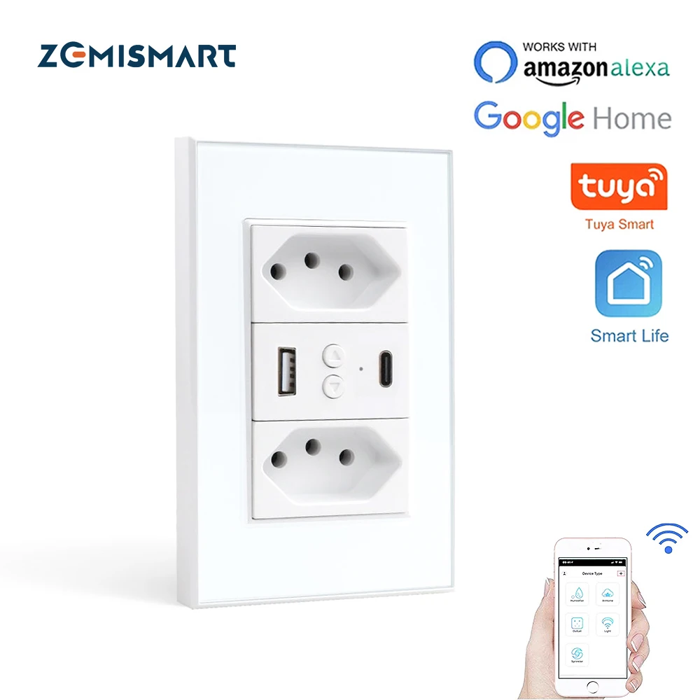 Zemismart Tuya WiFi Brazil Socket Smart Electric Brazilian Plug Outlets USB Charger Support Alexa Google Home Voice Control |