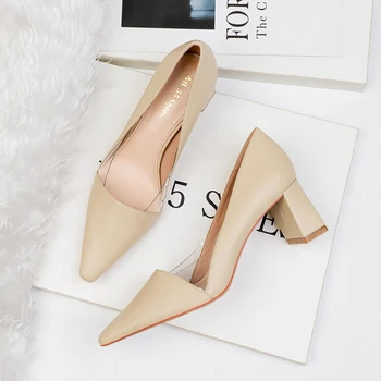 

High Heels shoes Women pumps PVC patchwork shallow pump pointed toe Slip on Slides square heel sandalias mujer