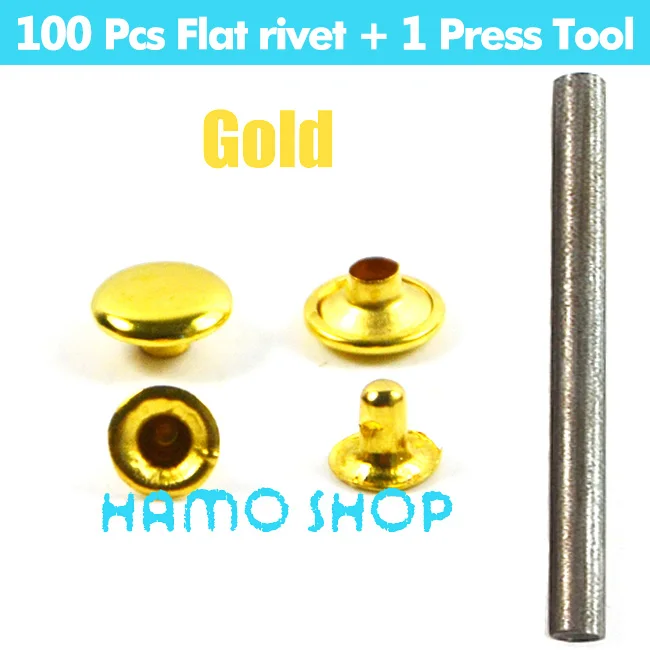 Flat Rivet Gold 100 шт/партия металл мода все размер, форма заклепка конус кожа ногтей одежда искусно изготовленные украшения своими руками с инструментом - Цвет: Flat Rivet Gold