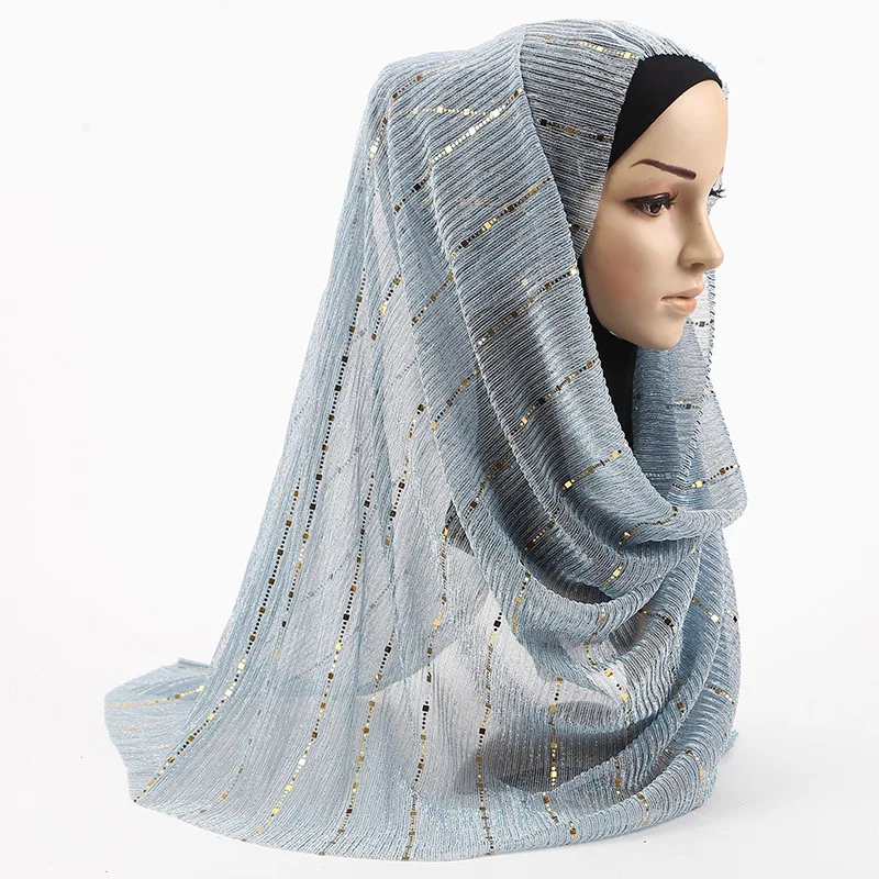 Новинка, летний Одноцветный однотонный Блестящий хиджаб с блестками, женский шарф-хиджаб с морщинкой, Джерси, шарфы для волос, шейный платок