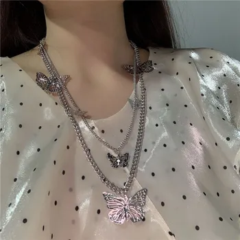 

2020 Harajuku Gothic Punk Multi-layer Butterfly Pendant Metal Chain Choker Necklace For Women Egirl BFF kpop Aesthetic Jewelry