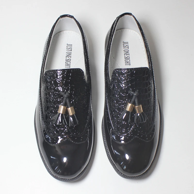 Kids Shoes Leather Shoes Boys Formal Party Wedding Black Patent Leather Slip on Round Toes Tassel Oxfords