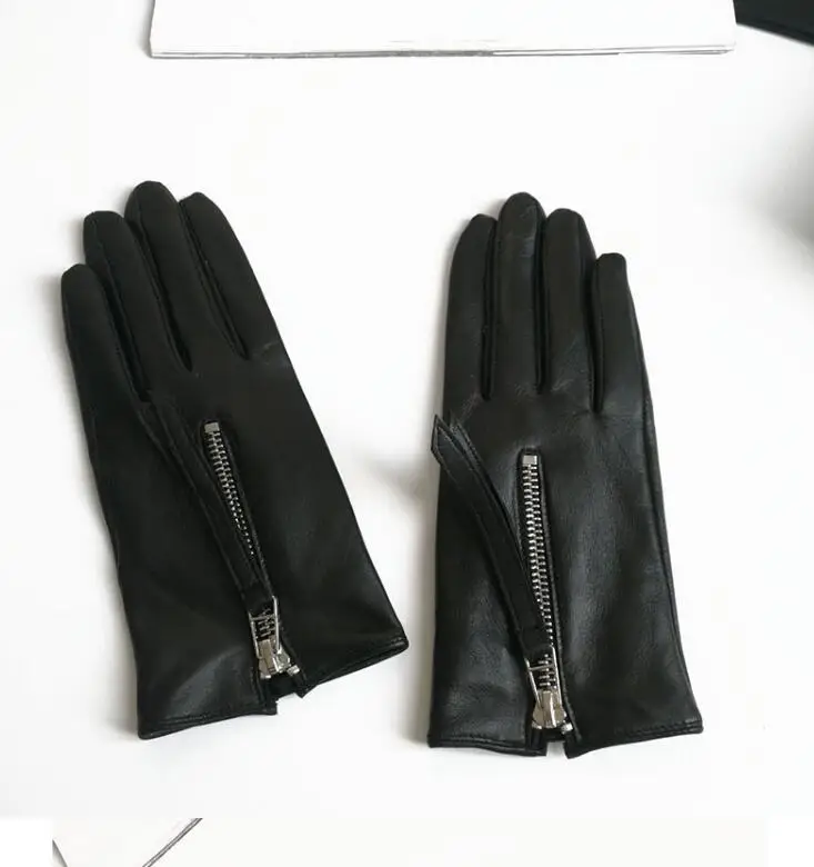 Women's autumn winter natural leather black warm glove lady's genuine leather zipper driving glove R2240