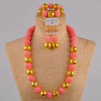 

24 inches peach simulated pearl jewelry set nigerian necklace african wedding beads FZZ34