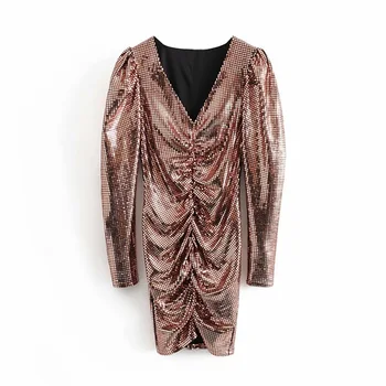 

Autumn 2019 women's new V-Neck long sleeve shoulder puffy design short dress pleated decoration bright dress 07969233735