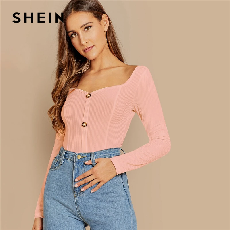SHEIN Облегающий Топ С Длинным Рукавом И Глубоким Вырезом Трикотажная Блузка В Рубчик