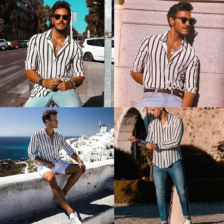 

Muscle Male Printing Width Bar Lapel Button Cardigan Long Sleeve Leisure Time Shirt Male