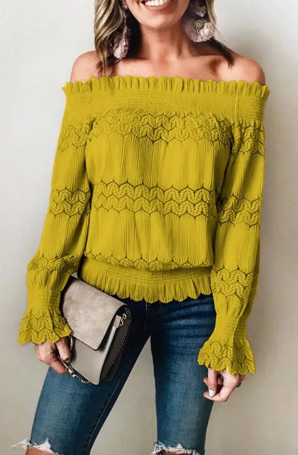 Весенние женские Кружевные блузы Befree Boho, сексуальные, длинные, с длинным рукавом, цветочный рисунок, хлопок, повседневные, шифоновые, большие, большие размеры, топы, рубашки - Цвет: Цвет: желтый