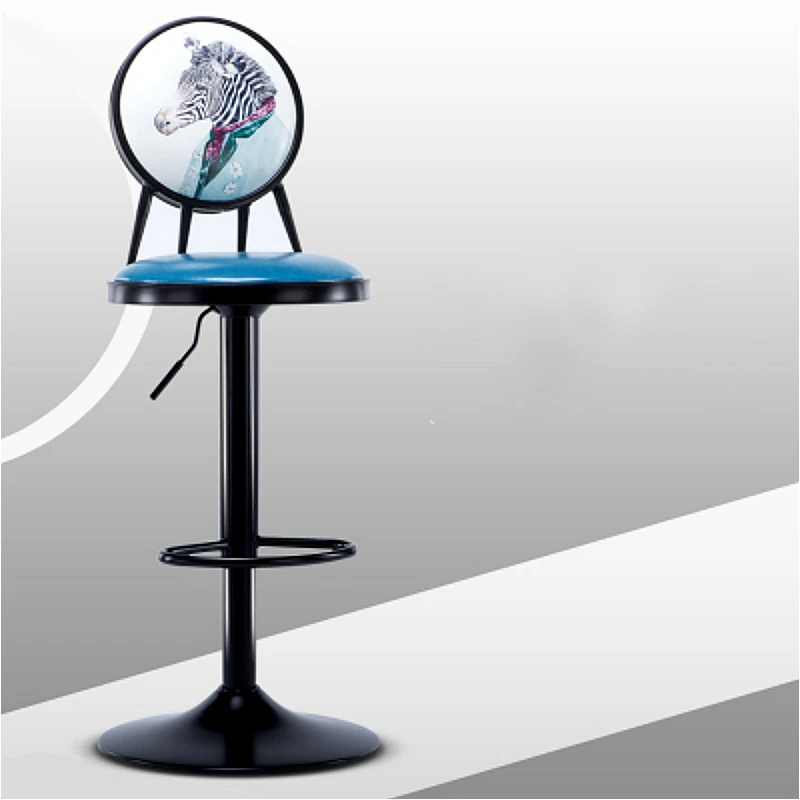 

European Style Iron Bar Chair Lifted Rotated Retro Printing High Stool with Backrest Multi-purpose PU Seat Front Desk Chair