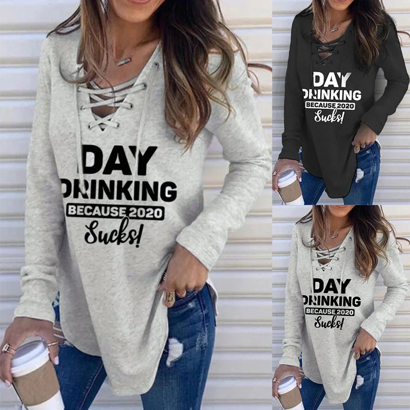 

2020 Autumn and Winter Letter Printed V-neck Hoodie Women New Style European and American Long-sleeved Tie-band Loose Top