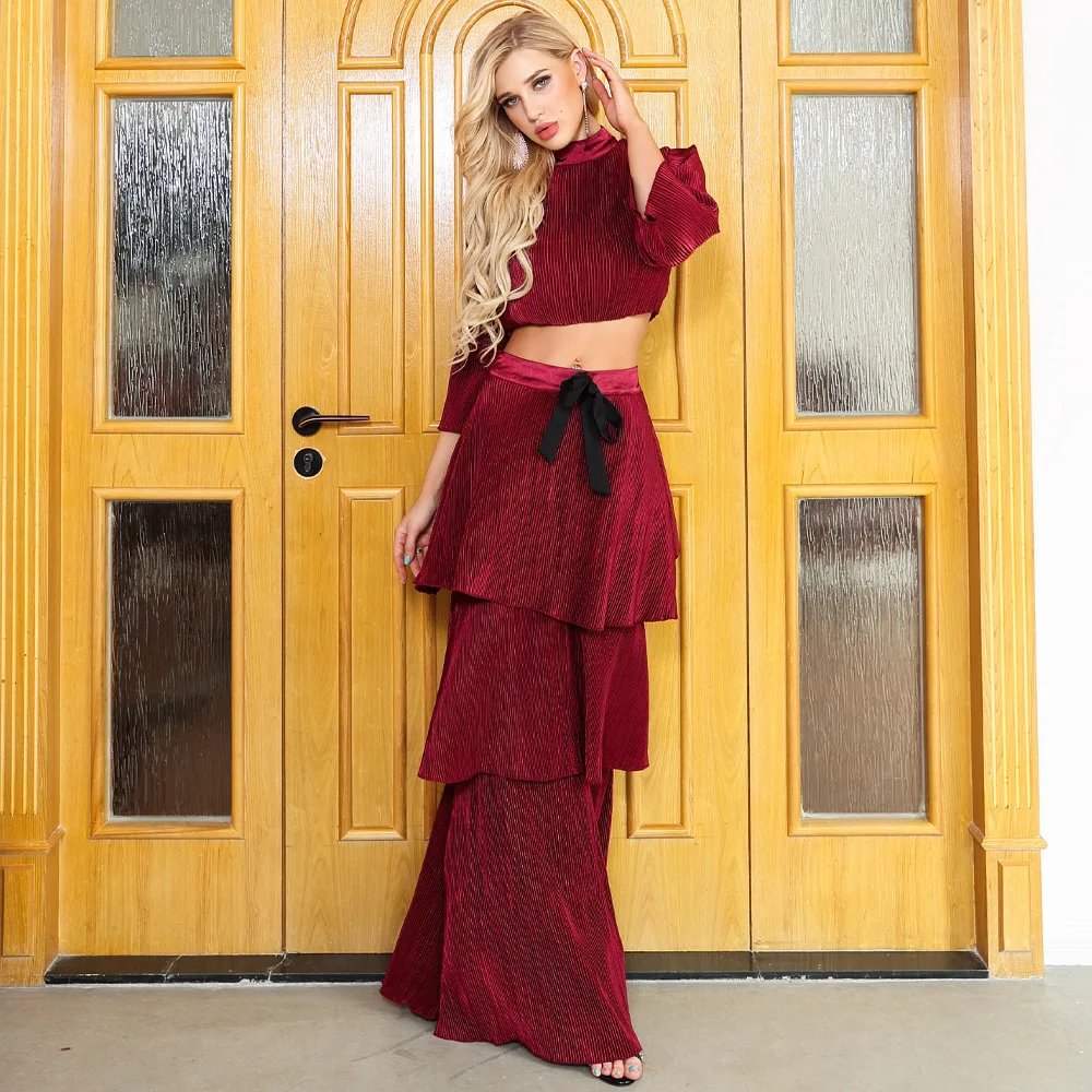 

2019 WOMEN'S Dress Europe And America High Collar Long Sleeve Two-Piece Set Flounced Ball Formal Dress Elegant One Piece Long Sk