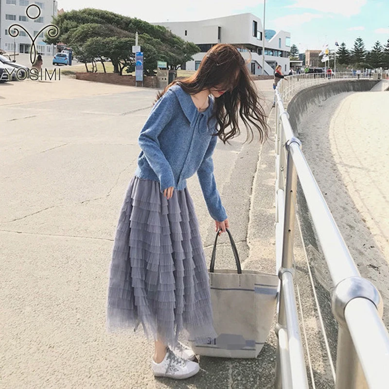 

YOSIMI 2019 Autumn Winter Women Two Piece Outfits Cotton Full Sleeve Sweater and Mesh Skirt Elastic Waist Ankle-Length Dresses
