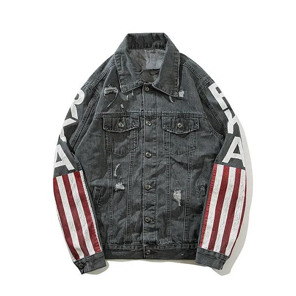 Sokotoo мужской американский флаж полоса Звезды джинсовая куртка Уличная С буквенным принтом джинсовое Пальто Свободные отверстия рваные верхняя одежда - Цвет: Gray