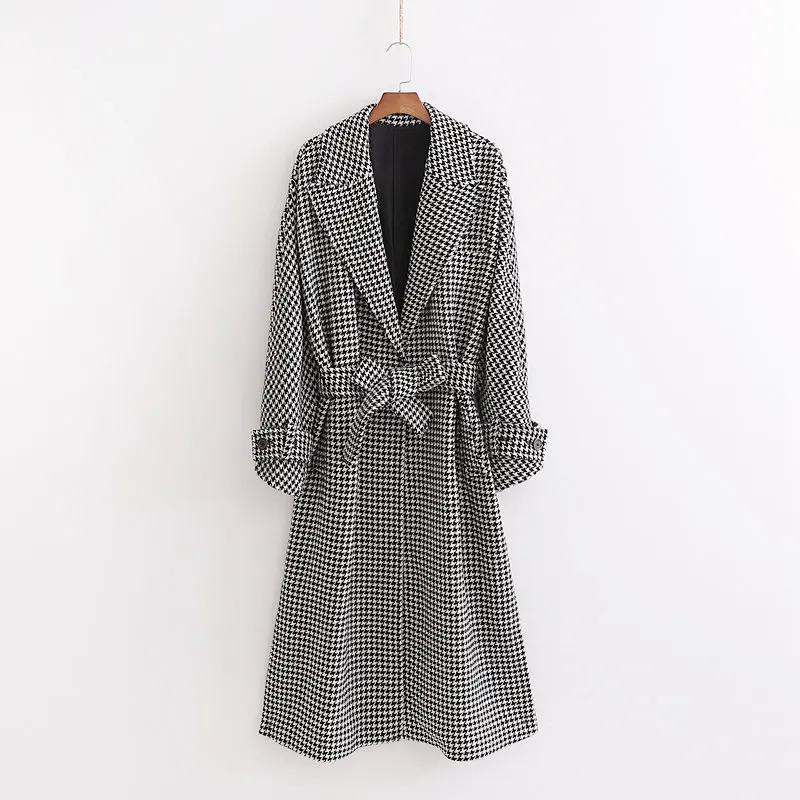 ZA Autumn Winter Houndstooth Trench Coat Adjustable Waist Plaid Coat Loose Warm Wool Blends Cardigan Outerwear Wholesale - Цвет: 1