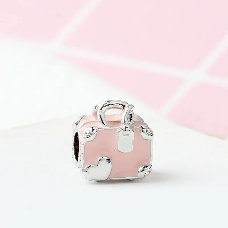 Fit Pandora браслет серебро 925 розовый эмаль дорожная сумка ботинок бусины S925 милые сердце багажник подвески для DIY ювелирных изделий