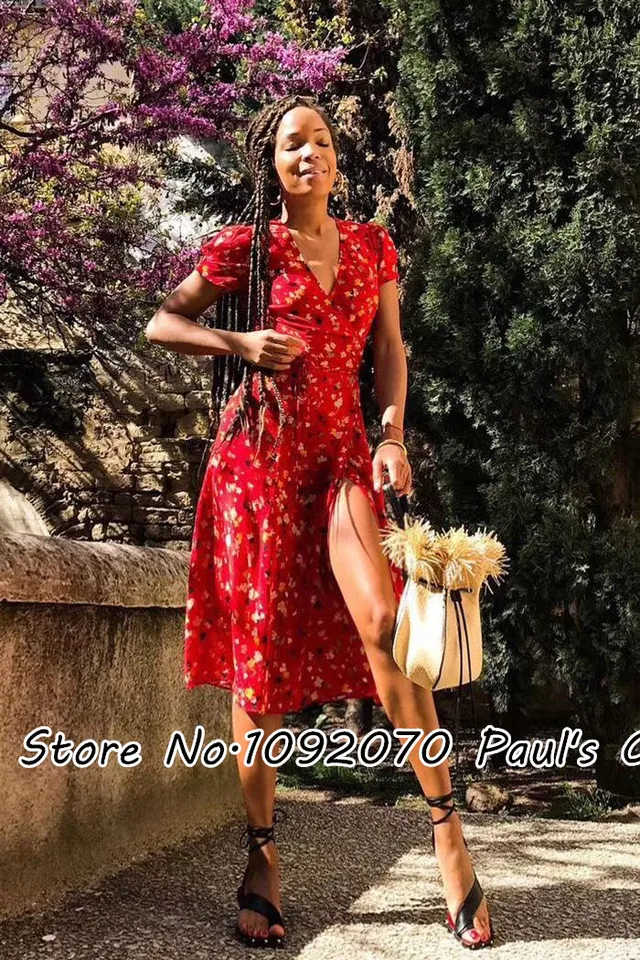red wrap dress floral