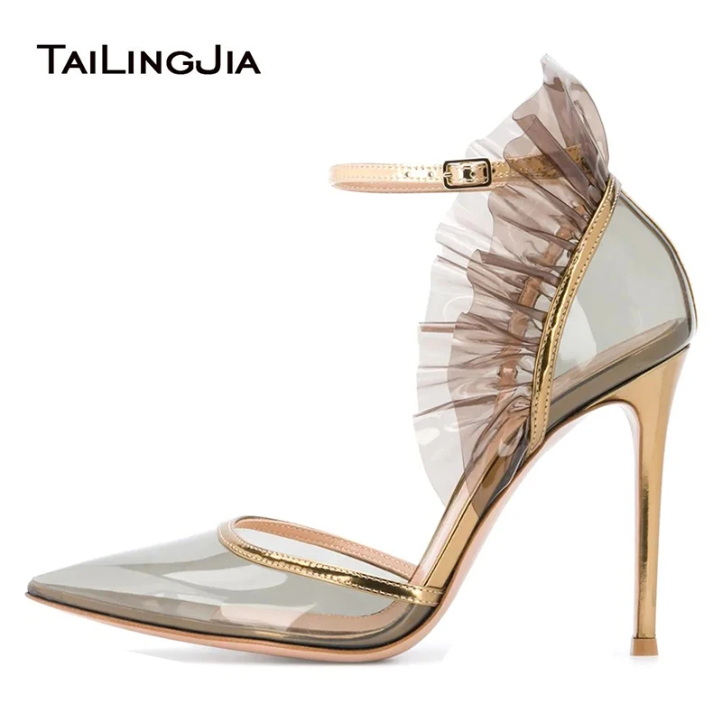 Transparent PVC High Heels Pumps Party Stilettos Pointed Toe Ruffle Buckle Strap Fashion Women Large Size Factory Wholesale Shoe | Обувь