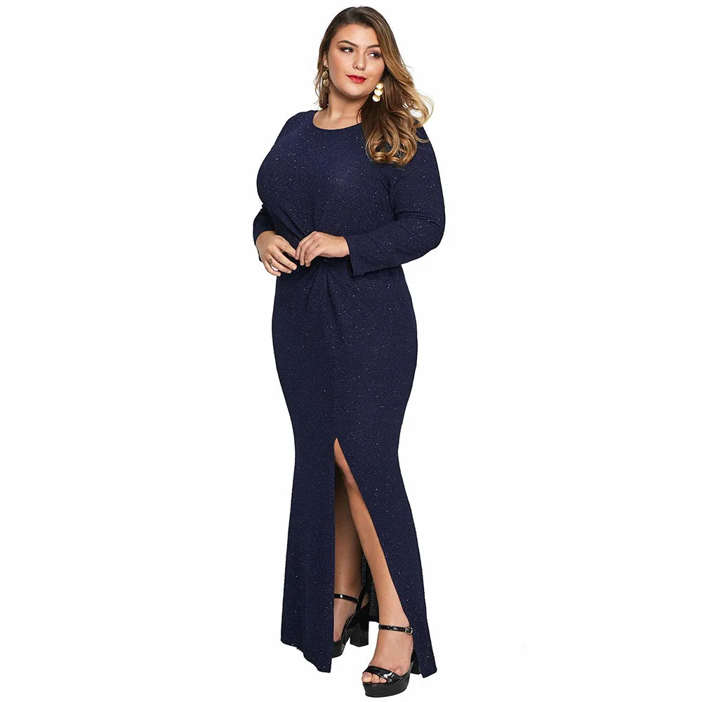 Blue Dress SEBOWEL, женское платье размера плюс, макси, длинный рукав, твист, металлик, вечерние платья для коктейля,, женские платья с блестками, большие размеры, XL-5XL - Цвет: Blue Dress