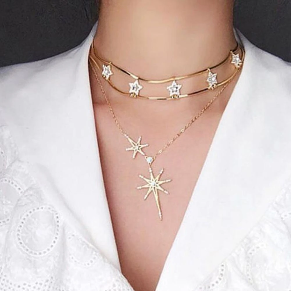 Collares de moda 2019 fiesta moda multicapa Rhinestone incrustaciones estrella colgante collar|Collares colgantes| - AliExpress