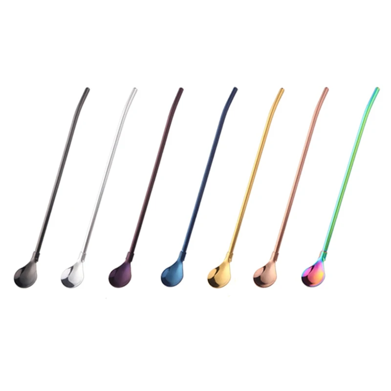 

7Pcs Stainless Steel Long Metal Drinking Straw with Spoon Stirring Gift Brushes Yerba Mate Teaspoon Bar Accessories