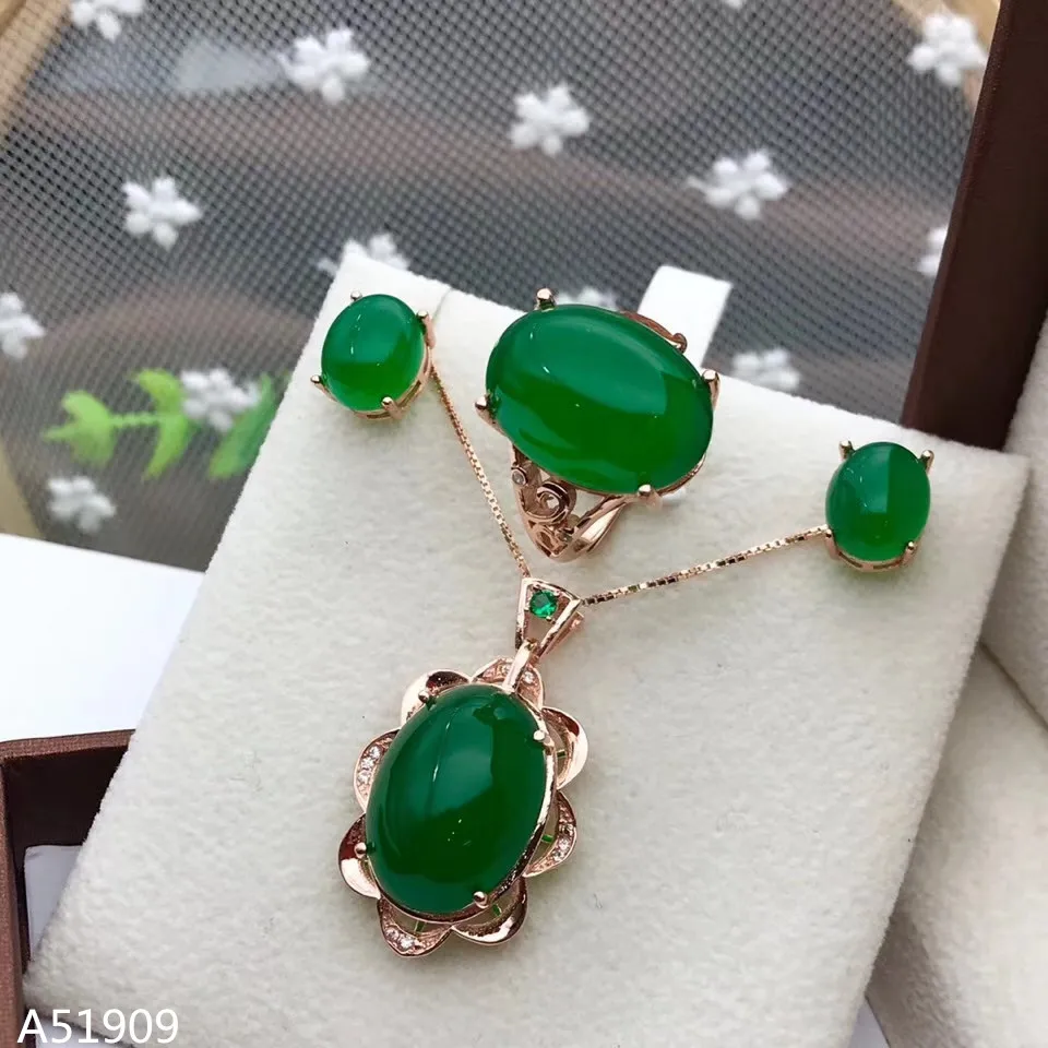 

KJJEAXCMY exquisite jewelry 925 sterling silver inlaid natural green chalcedony female ring pendant necklace earrings set suppor