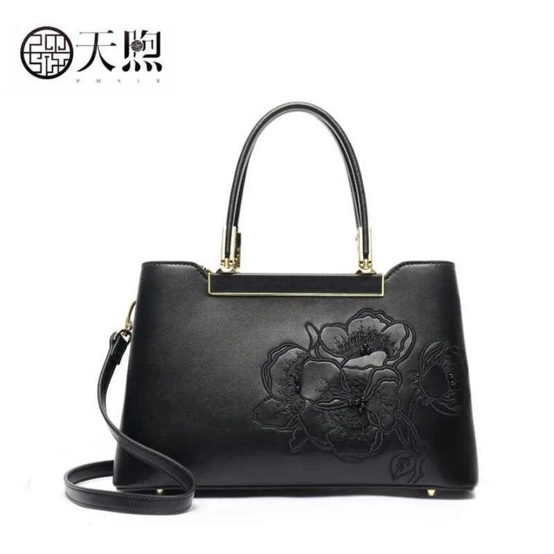 

Pmsix high quality fashion luxury brand 2020 new soft leather handbag embroidery large capacity shoulder bag mom bag middle-aged