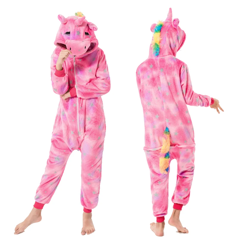 Pink Star Pegasus Пижамы кигуруми с единорогом; комбинезоны для мальчиков и девочек; фланелевая одежда для сна; Детский комбинезон с рисунком панды из аниме; детские зимние пижамы - Цвет: Pink Star Pegasus