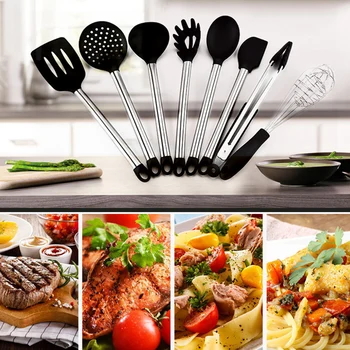 

8Pcs/set Silicone Kitchenware Nonstick Stainless Steel Handle Turner Shovel Soup Spoon Cooking Tools Set KSI999