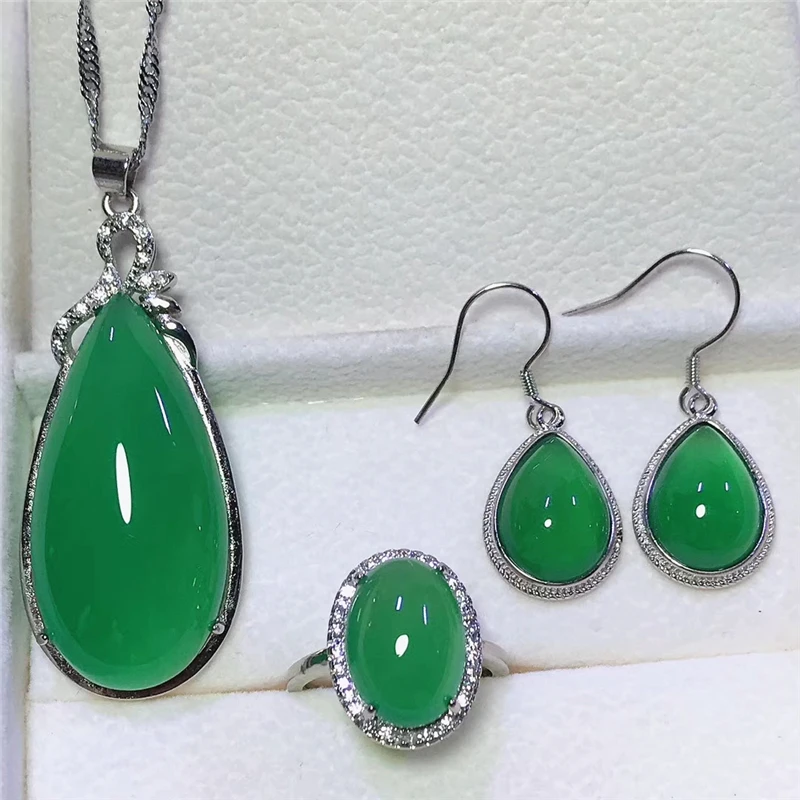 Green Jadery 925 пробы Серебряное ожерелье/серьги/кольцо натуральные красные украшения из зеленого нефрита наборы для женщин женские вечерние ювелирные изделия - Цвет камня: Green
