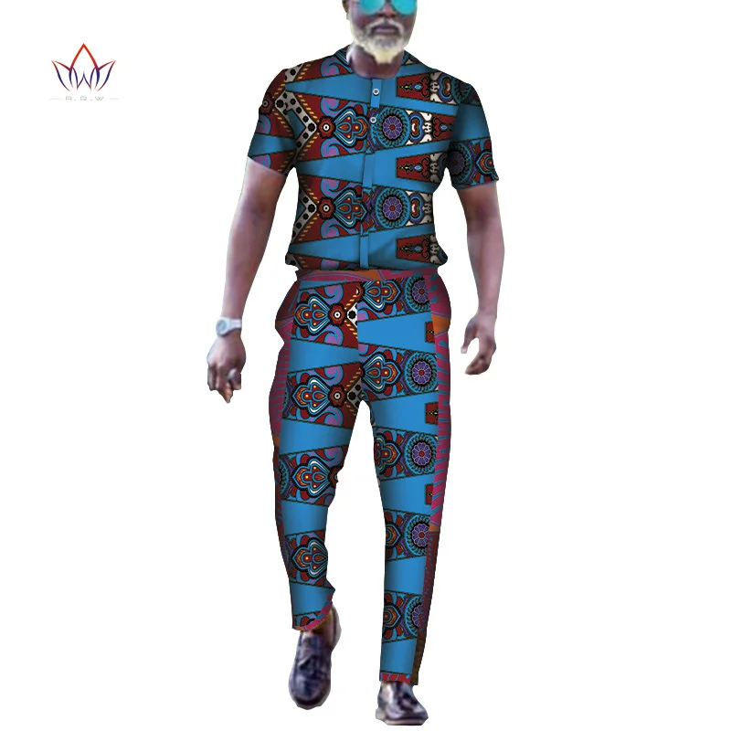 Летняя африканская Дизайнерская одежда Bazin Riche, мужские комплекты из 2 предметов, комплекты брюк, африканская одежда, повседневные мужские футболки и штаны WYN608 - Цвет: 19