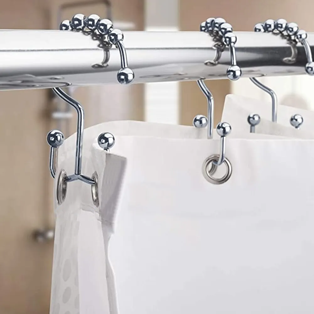 12pcs Shower Curtain Hooks Bathroom Rod Ball Beads Curtain Rings CF 