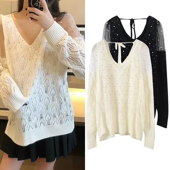 

2020 New Spring Women Sweater Casual Female Long Sleeve Sexy Hollow Out Pullovers Knitted Beading Patchwork Mesh Korean Fashion