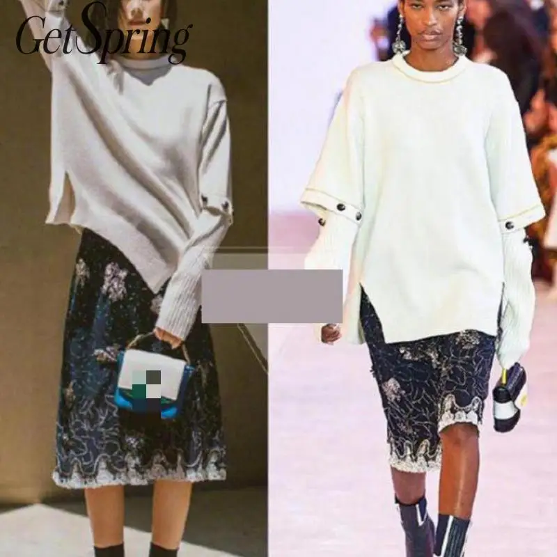 

GETSPRIN Women Sweater Rivet Patchwork Split Irregular Autumn Sweaters O-Neck Pullovers White All Match Knitting Tops 2019 New