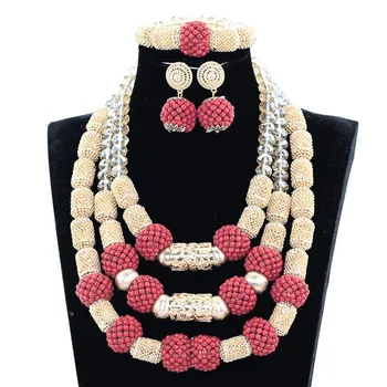

Amazing Red African Coral Beads Jewelry Set Dubai Wedding Bridal Statement Necklace Set Women Free Shipping QW175