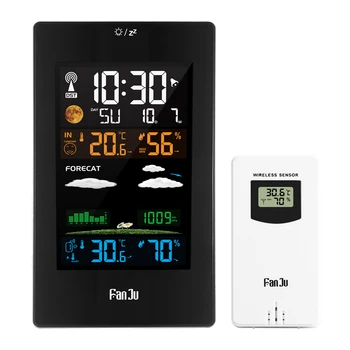 

FanJu FJ3389 Wall Clock Color Weather Station LCD Digital Alarm Temperature Humidity Comfort display Table Sensor Modern Design
