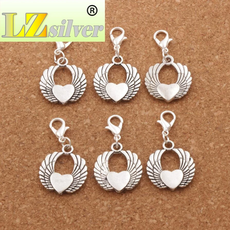 Flying Angel Wing Heart Lobster Claw Clasp Charm Beads 35.6x19.3mm 100pcs Zinc Alloy Jewelry DIY C217