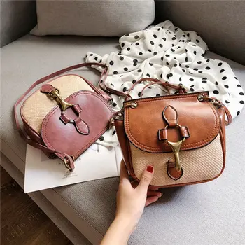 

2019 new net red straw braided package holiday bag female retro stitching fashion wild shoulder messenger bag
