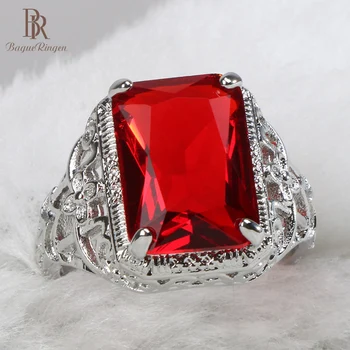

Bague Ringen classic women rings silver 925 jewelry rectangle red ruby gemstones women wedding party wholesale gift size 6-10