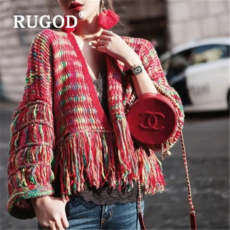 Женский вязаный кардиган RUGOD с бахромой модный шикарный осенний свитер радужной
