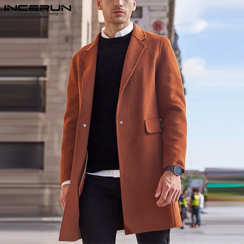 INCERUN 2020 Winter Men Coats Streetwear Solid Faux Wool Blends Overcoats Long Sleeve Fashion Jackets Chic Lapel Men Trench 5XL INCERUN 2020 Winter Men Coats Streetwear Solid Faux Wool Blends Overcoats Long Sleeve Fashion Jackets Chic Lapel Men Trench 5XL