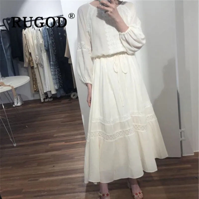 

RUGOD Chic white lace embroidery dress women Elegant long sleeve lace up auturm ladies dress Casual long maxi dresses vestidos
