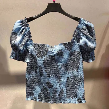 

2020 New Short Sleeve Women Print Blouse Slash Neck Elegant Sweet Puff Sleeve Ladies Slim Short Shirts