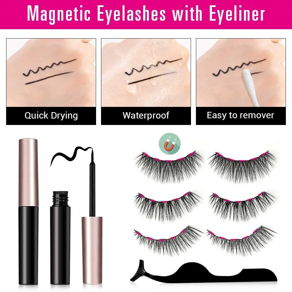 

3pairs Magnetic Liquid Eyeliner & Magnetic False Eyelashes & Tweezer Natural Waterproof Long Lasting Eyelash Magnet MixEyelashes