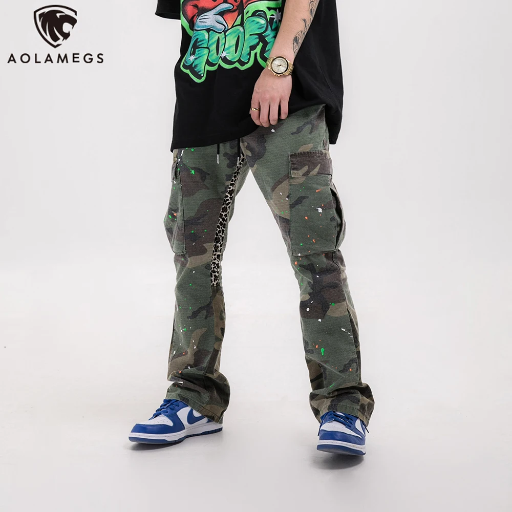 

Aolamegs Men Pants Leopard Camouflage Patchwork Flare Pants Men Drawstring Pocket Cargo Trousers High Street Fashion Streetwear